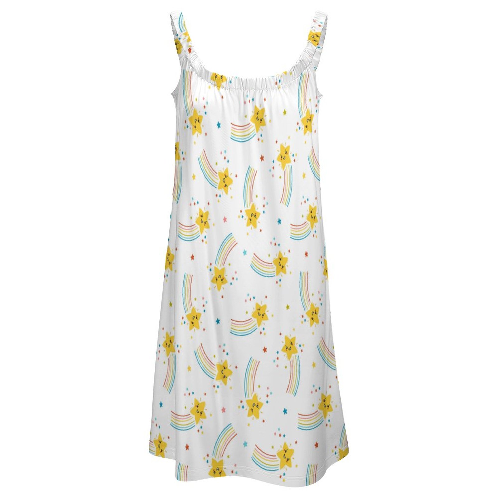 White beach sling dress with yellow floral print, suitable for party and vacation wear.