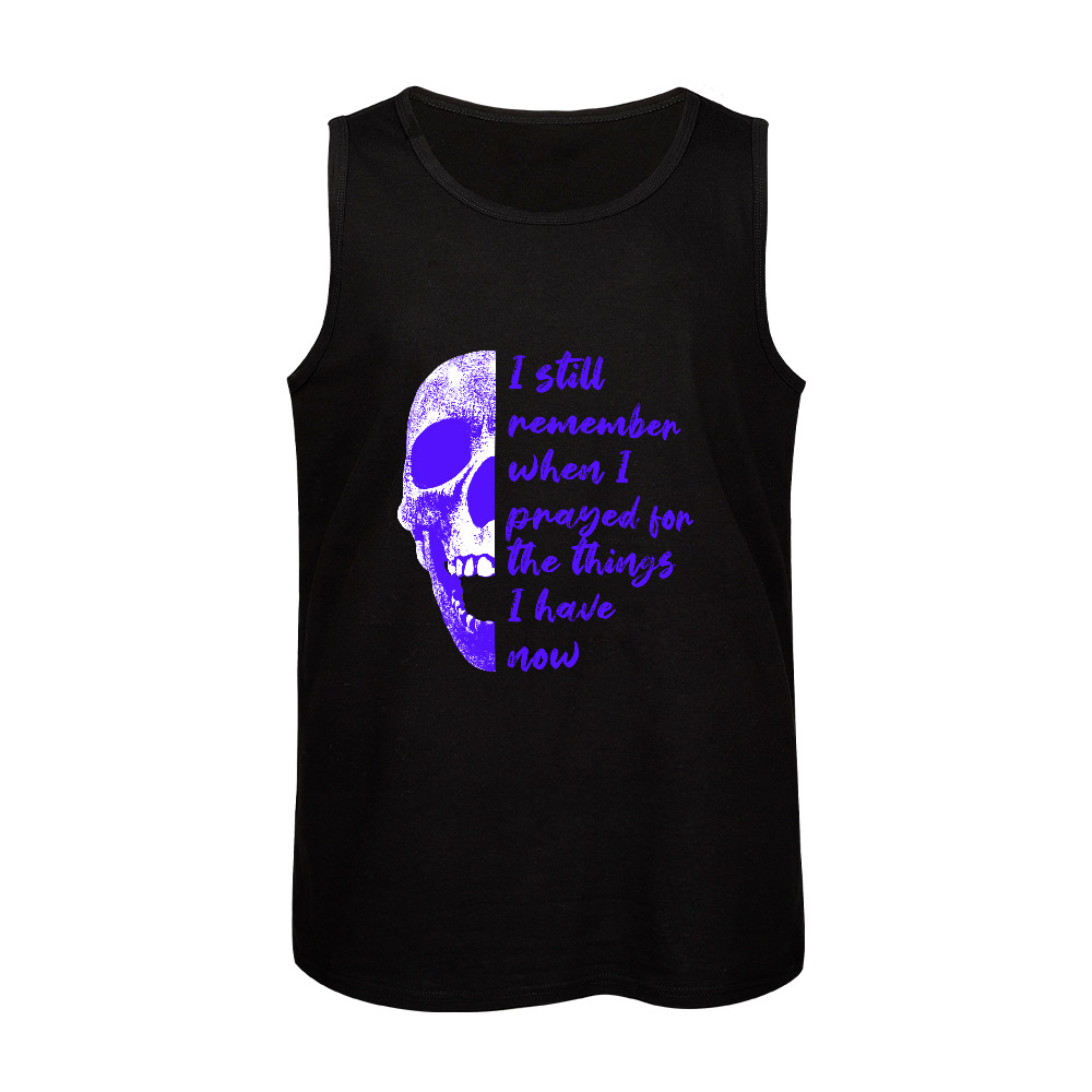 Men's black cotton tank top with purple skull print and quote, comfortable for sports and daily wear.