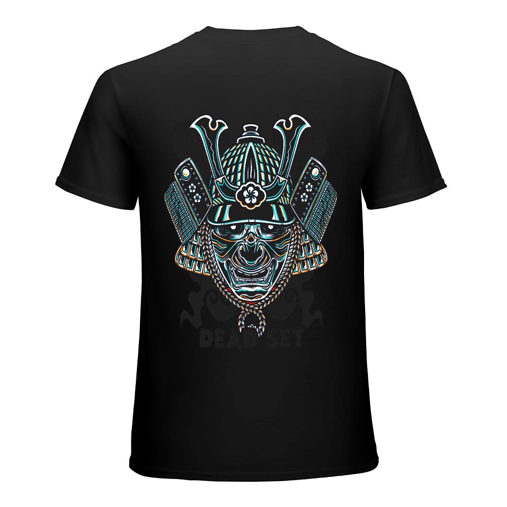 Black cotton men's T-shirt with detailed samurai skull design. 100% cotton, perfect for leisure and events.