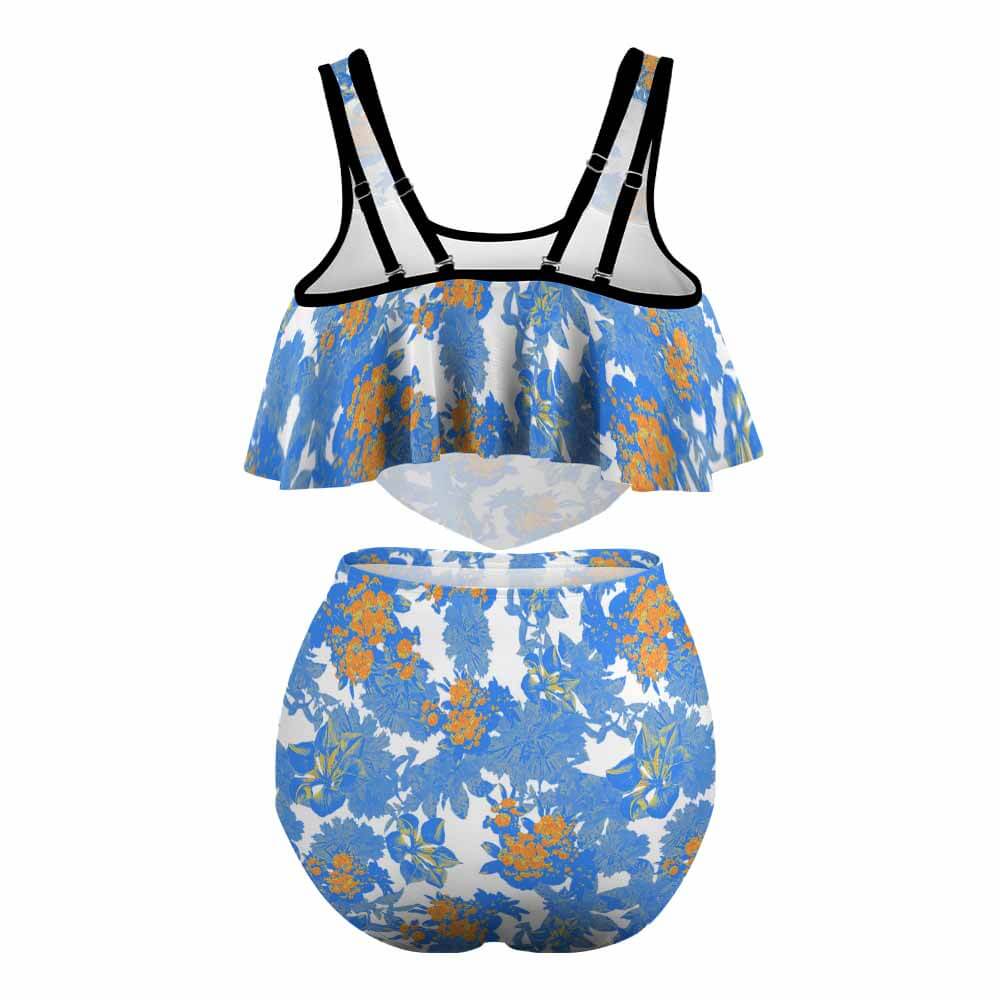 Blue floral print high-waisted bikini swimsuit with ruffle top, perfect for beach or pool
