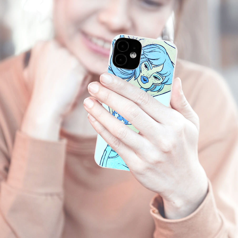 Woman holding an iPhone 12 series case with a unique blue design, crystal clear, Inkedjoy for protection.