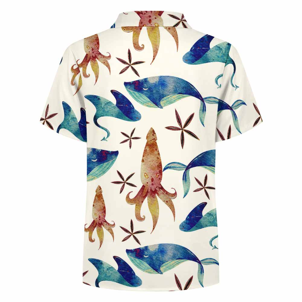 Children's short-sleeved shirt with sea animal print, made of premium four-way stretch fabric.
