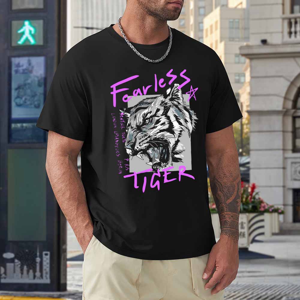 Black cotton Fearless Tiger men's T-shirt, collection. 100% cotton.