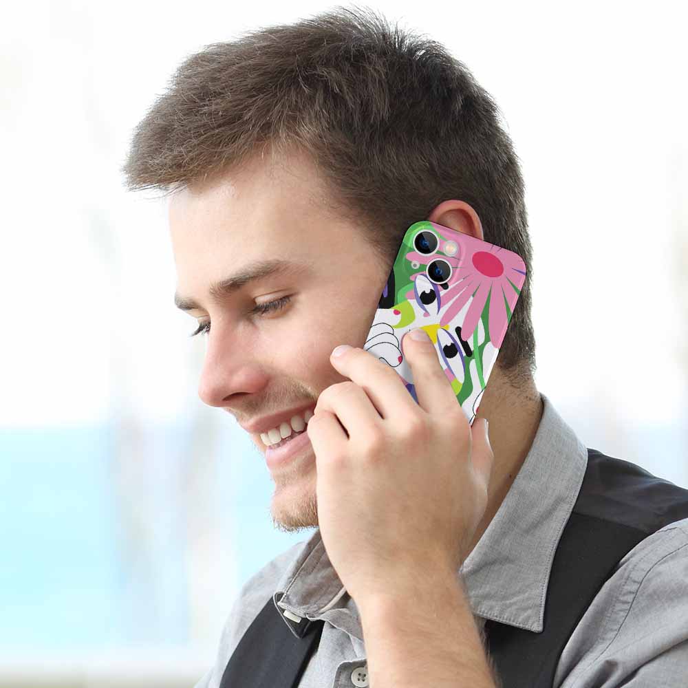 Man on phone, showing floral iPhone 14 case, PC plastic, scratch-resistant, precise cutouts