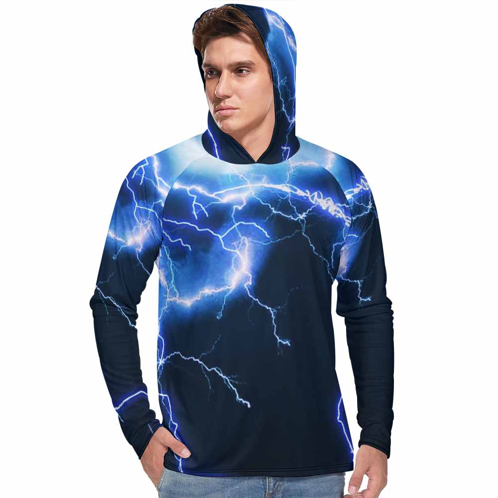 Men's Sun Protection Hoodie with Blue Lightning Print