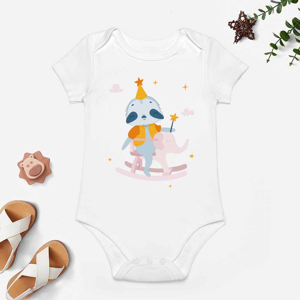 White cotton baby bodysuit with cute cartoon design for babies aged 3-24 months.