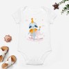White cotton baby bodysuit with cute cartoon design for babies aged 3-24 months.