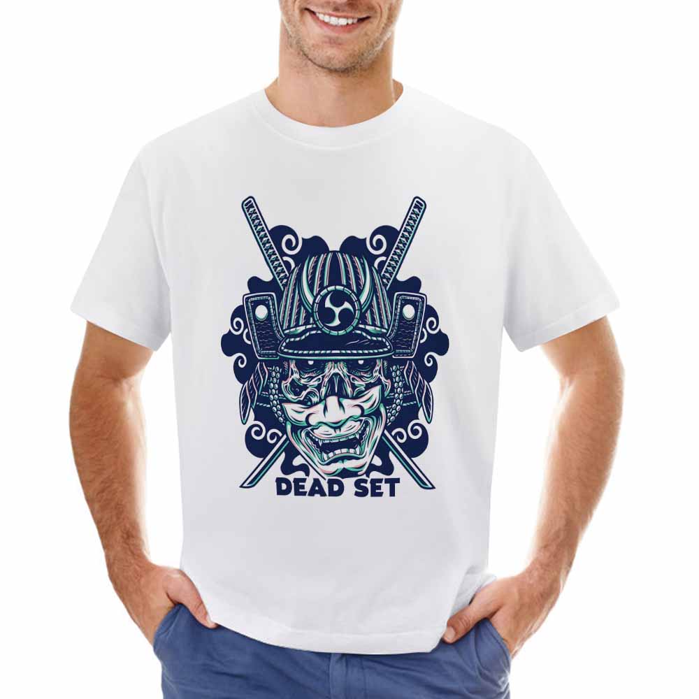White cotton men's T-shirt with a detailed blue samurai skull design, perfect for leisure. Made with 100% cotton.