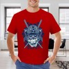 Red cotton men's T-shirt with blue samurai skull design, perfect for leisure and events.