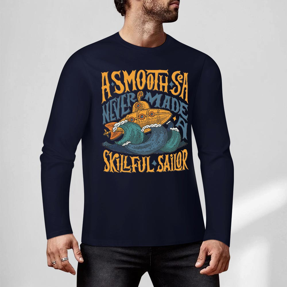 Dark blue pure cotton long sleeve T-shirt with 'A SMOOTH SHAKER' graphic for casual wear.
