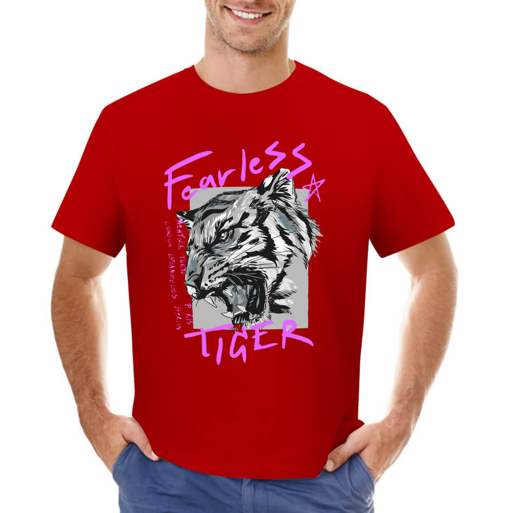 Red cotton men's Fearless Tiger graphic T-shirt. collection. Pure cotton comfort.