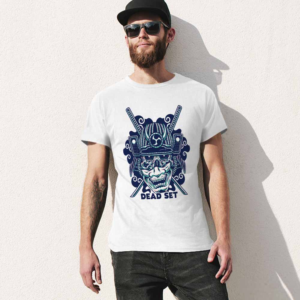 White cotton men's T-shirt with blue samurai skull design