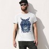White cotton men's T-shirt with blue samurai skull design