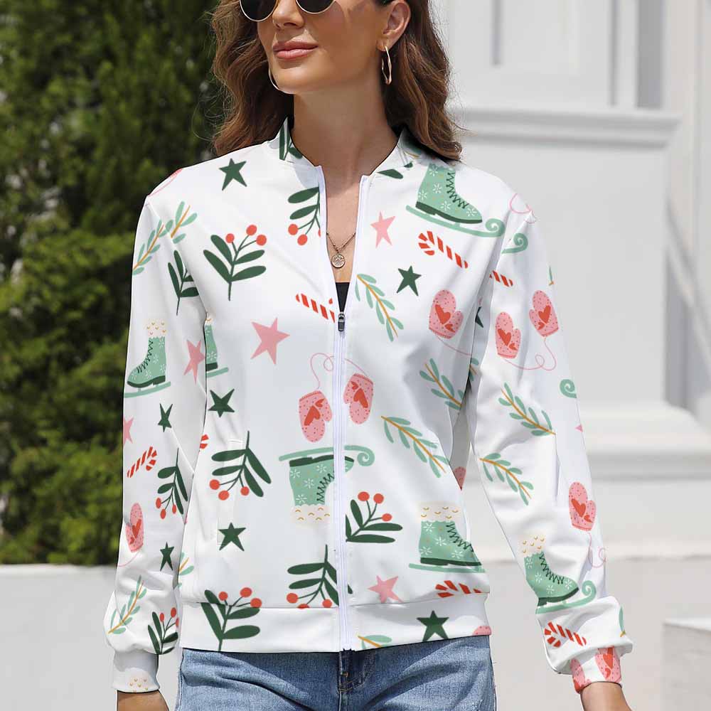 White floral zipper jacket for women. Comfortable, skin-friendly fabric, perfect for spring and autumn.
