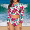 Ladies floral print long sleeve bikini swimsuit, offering sun protection and stylish design.