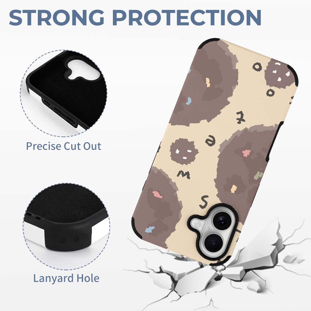 iPhone 16 Fiber Skin Case with brown circles pattern, strong protection and comfortable grip.