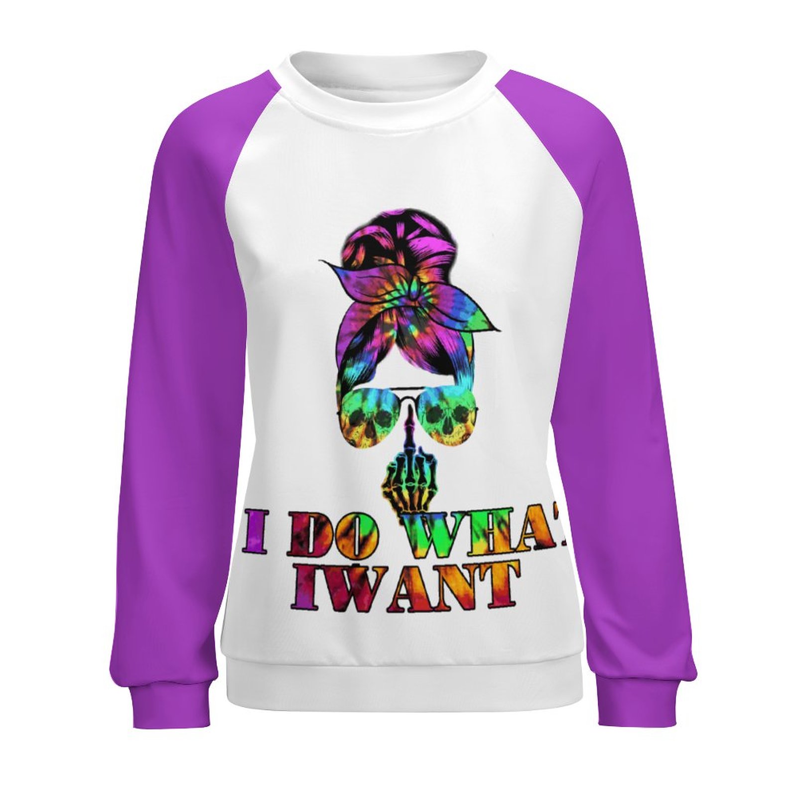 Round neck raglan sweater, "I DO WHAT I WANT" design, purple sleeves. Comfortable fit.