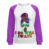 Round neck raglan sweater, "I DO WHAT I WANT" design, purple sleeves. Comfortable fit.