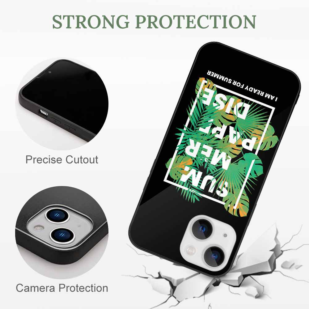 iPhone 13 glass case, SUMMER PARADISE design, strong protection, scratch-resistant, and wireless charging compatible.