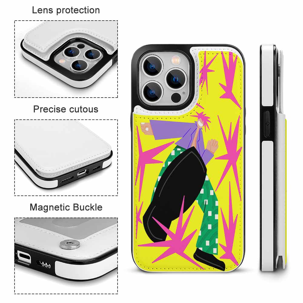 iPhone 14 case with artistic, colorful design, card slot, magnetic buckle, and drop protection; white, yellow style.
