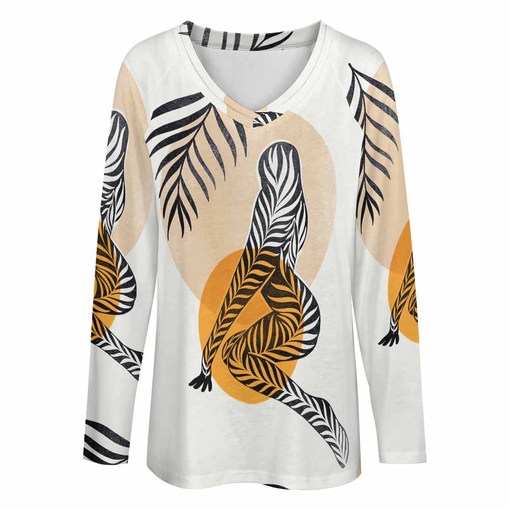 Women's V-neck long sleeve tee with artistic print, featuring a polyester-spandex blend fabric, perfect for daily wear.