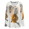 Women's V-neck long sleeve tee with artistic print, featuring a polyester-spandex blend fabric, perfect for daily wear.