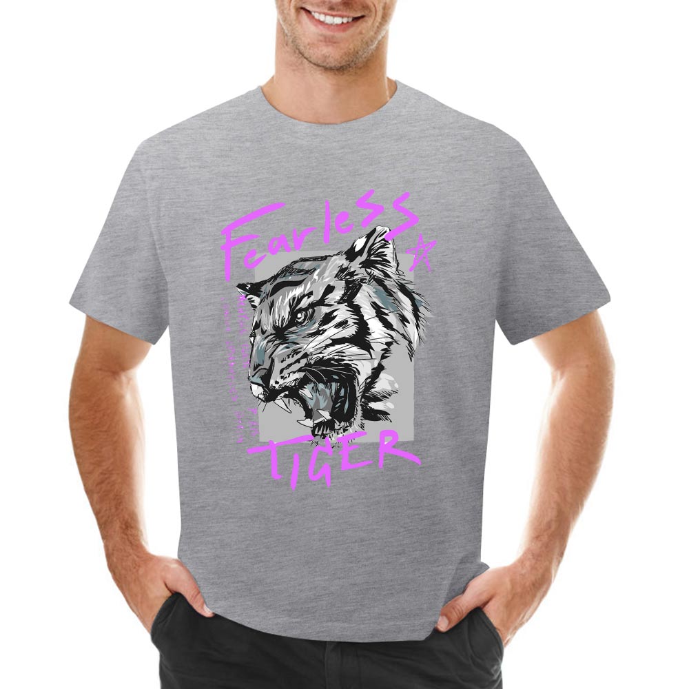Gray cotton men's T-shirt with Fearless Tiger graphic print, collection