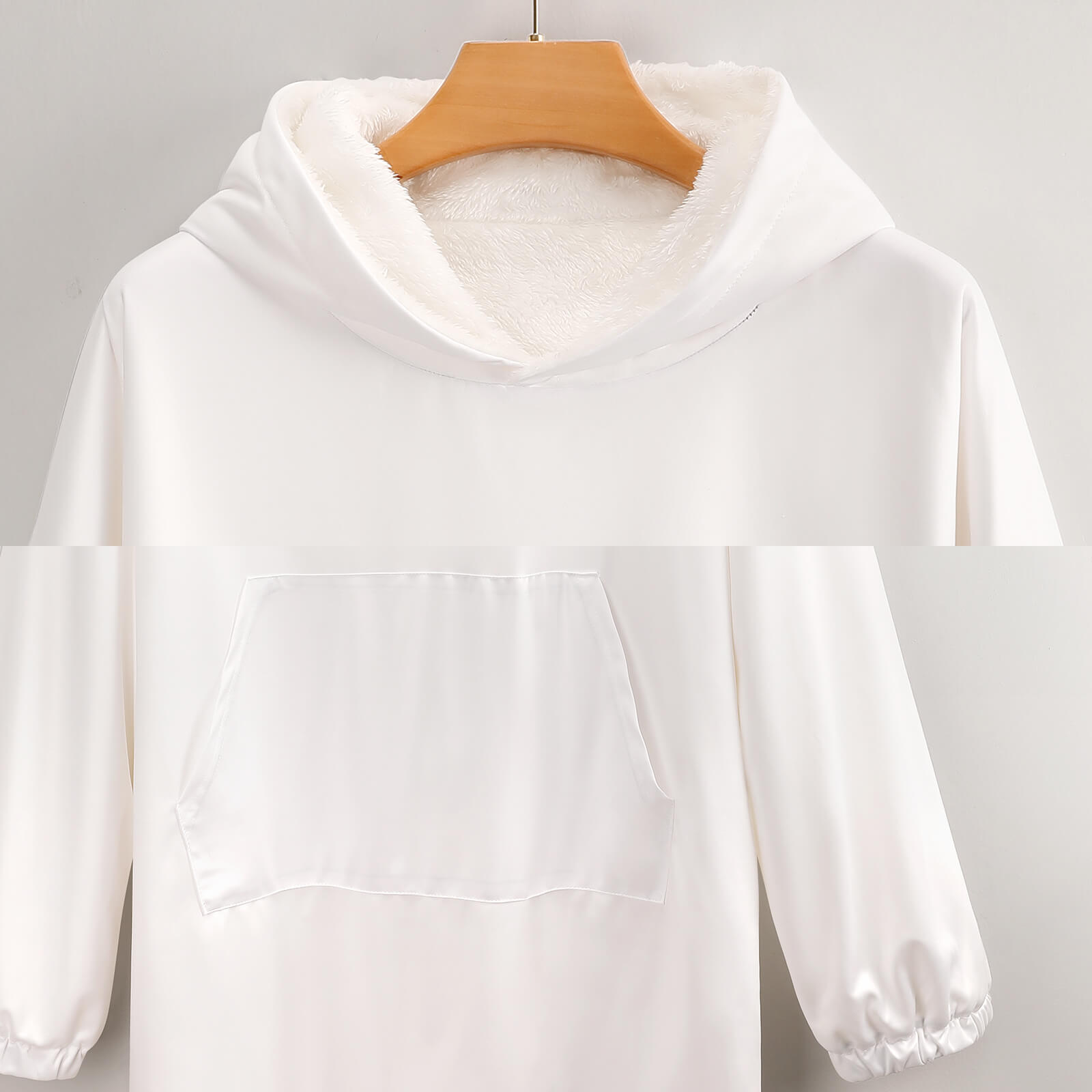 White Women's Hooded Blanket Shirt, oversized polyester sweater for warmth and comfort.