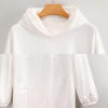 White Women's Hooded Blanket Shirt, oversized polyester sweater for warmth and comfort.