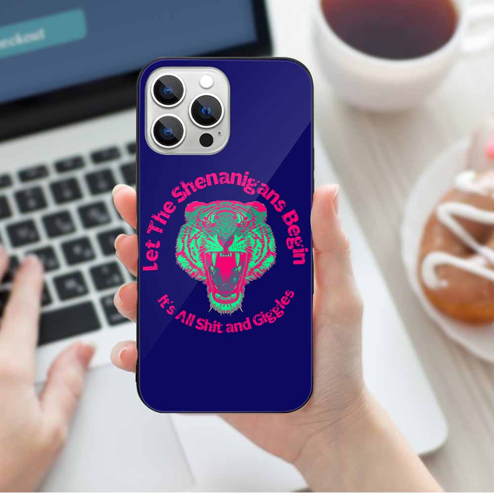iPhone 13 case with tiger face design, featuring wireless charging support and scratch-resistant glass back.