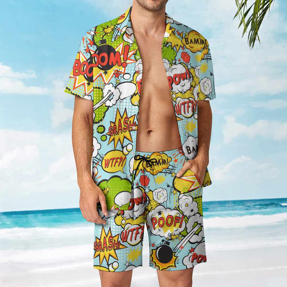 Men's Leisure Beach Suit featuring a cartoon print, Peach Skin fabric, and short sleeves.