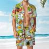 Men's Leisure Beach Suit featuring a cartoon print, Peach Skin fabric, and short sleeves.