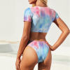 Women's tie-dye short sleeve bikini swimsuit, elastic fabric with drawstring details.