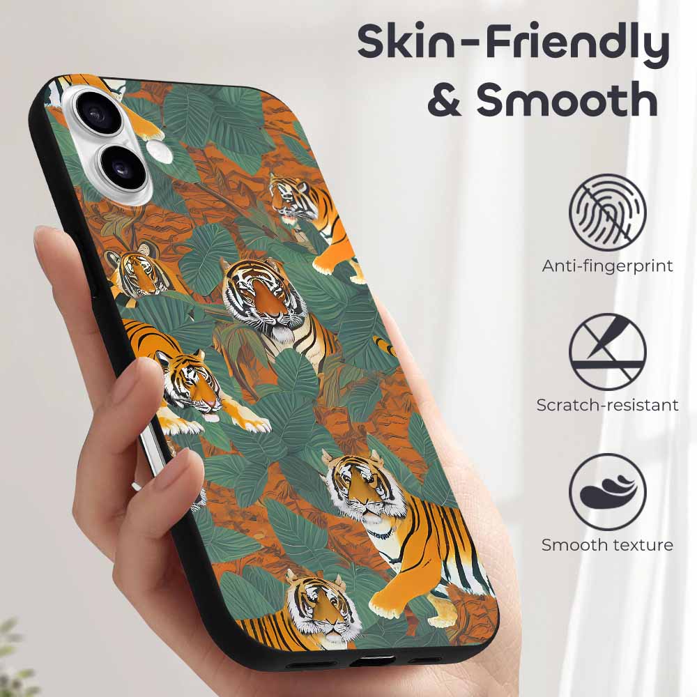 iPhone 16 Series case with tiger pattern, TPU material, skin-friendly, drop protection, and stylish design.