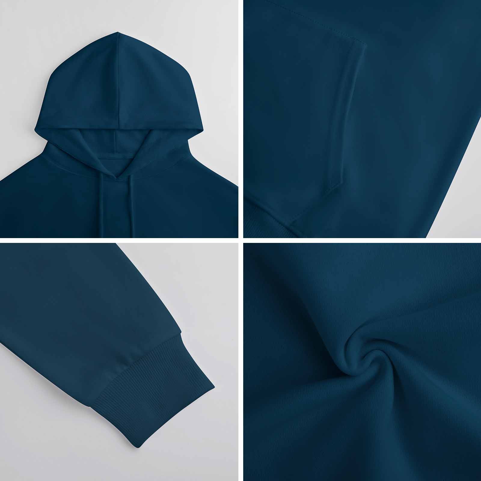 Navy blue cotton hooded sweater fabric details, youth fashion.