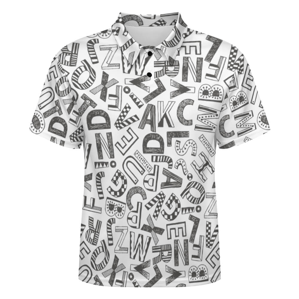 White polo shirt with shoulder buttons and abstract letter pattern, pique cloth.