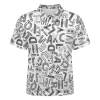 White polo shirt with shoulder buttons and abstract letter pattern, pique cloth.