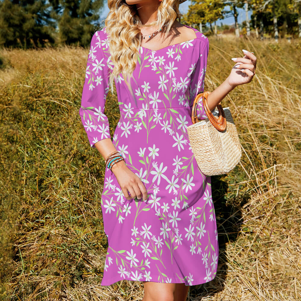 Floral print sweetheart knot flare dress, mid-length sleeves, perfect for parties and vacations.