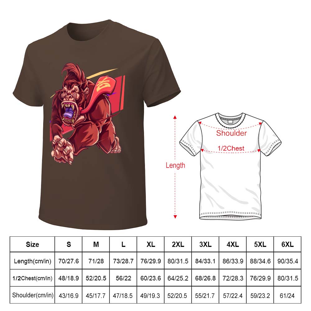 Brown men's cotton t-shirt with red monster graphic print and size chart | Inkedjoy