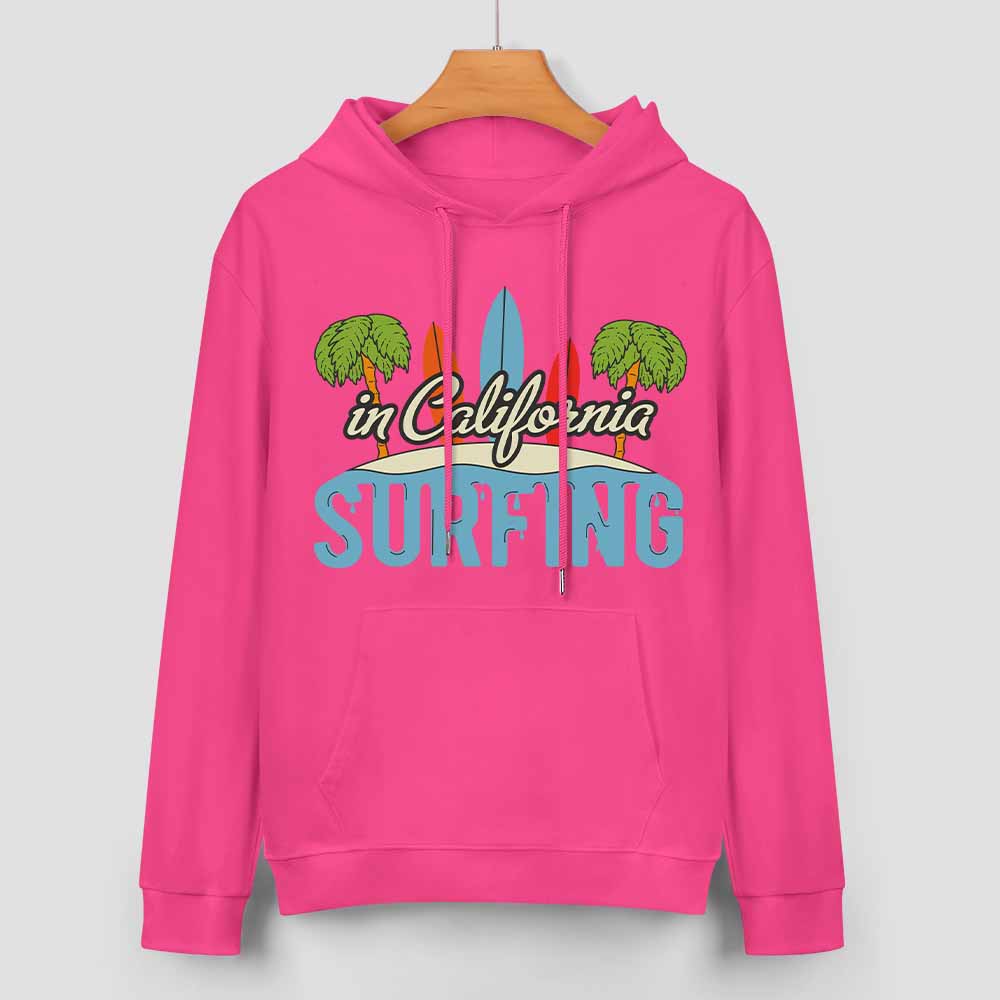 Hot pink cotton hoodie with "CALIFORNIA SURFING" graphic, loose fit, for daily wear