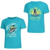 Turquoise cotton surfing tee, front with "Wild Wave California" and back with "Catch the Wave Surfing" print.