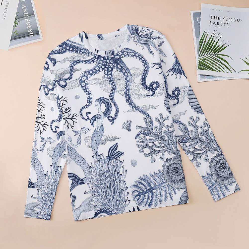 Women's white long sleeve shirt with blue paisley pattern. Comfortable, breathable and stretchy.