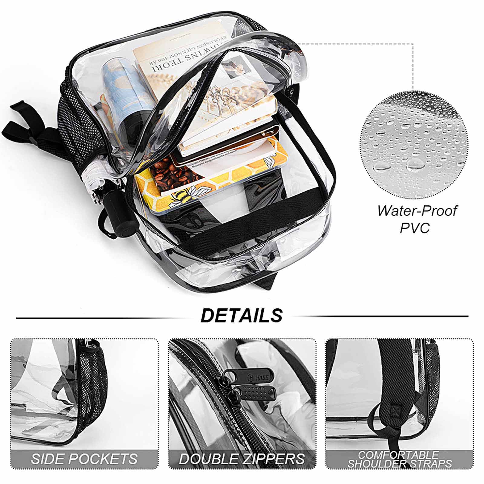 Transparent PVC backpack details, waterproof, suitable for work or travel, with multiple pockets and sturdy straps.