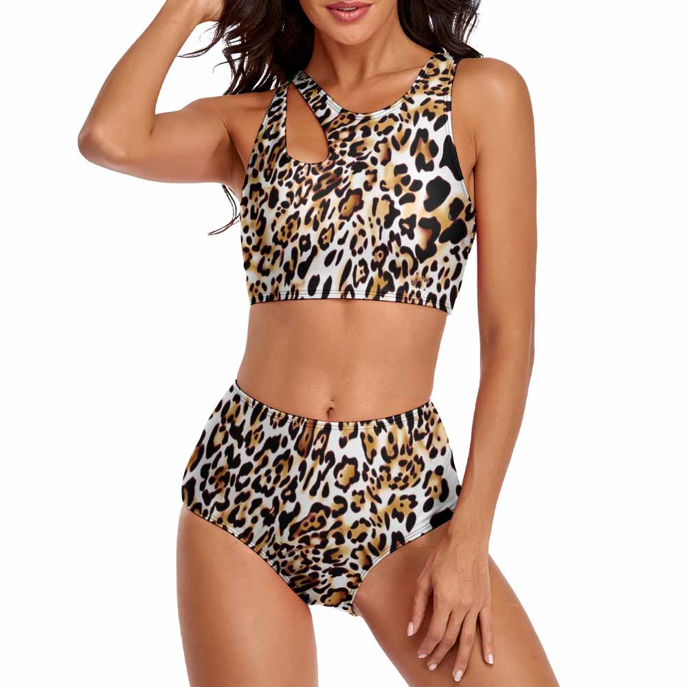 Leopard print split swimsuit, high-waisted design, perfect for swimming and beach activities.
