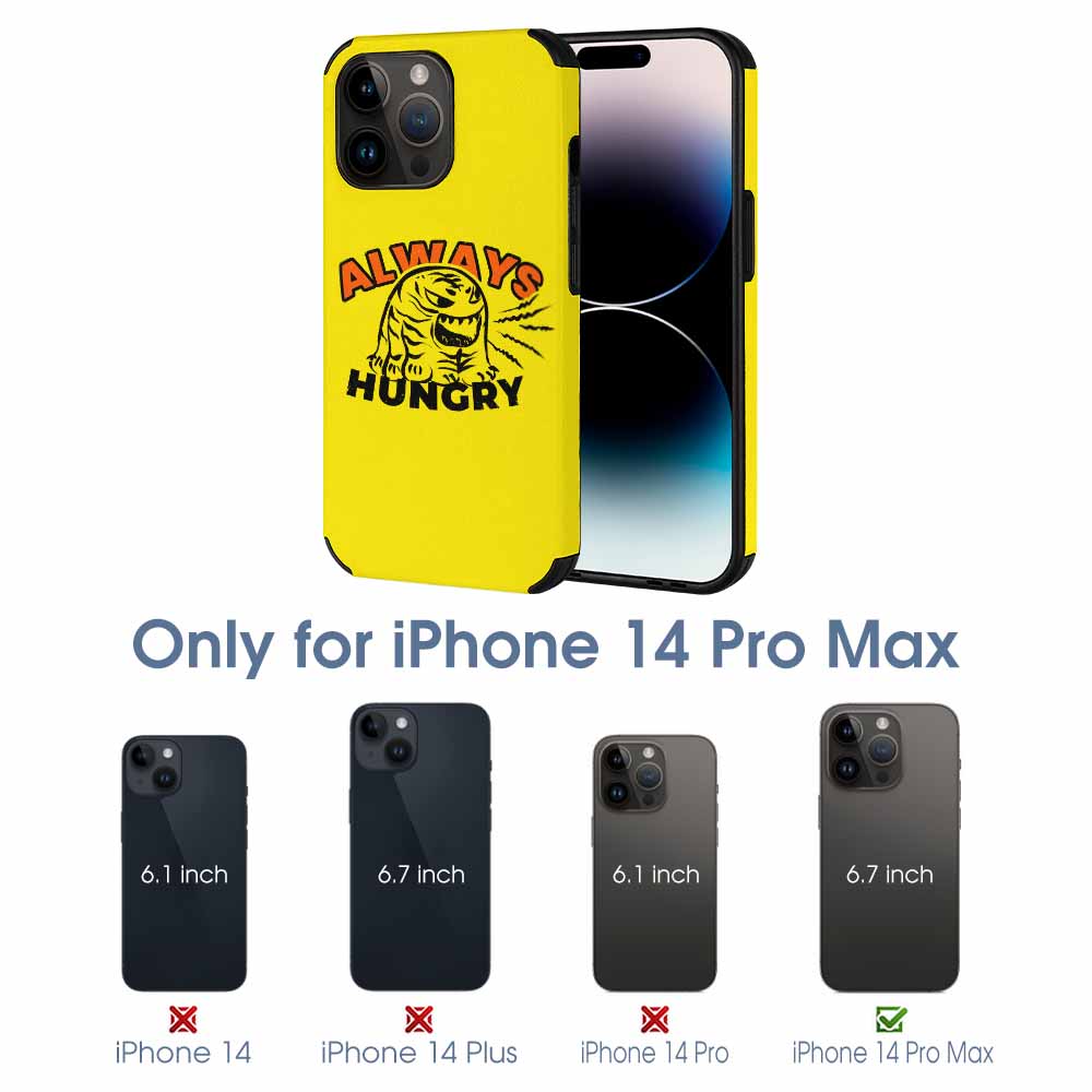 Yellow iPhone 14 Pro Max fiber skin case featuring 'ALWAYS HUNGRY' graphic, scratch-resistant