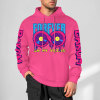 Pink cotton hoodie with 'FOREVER 99' and DAKUM sleeve prints, youth fashion style.