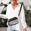 Transparent PVC satchel with text, black shoulder strap, suitable for work and travel