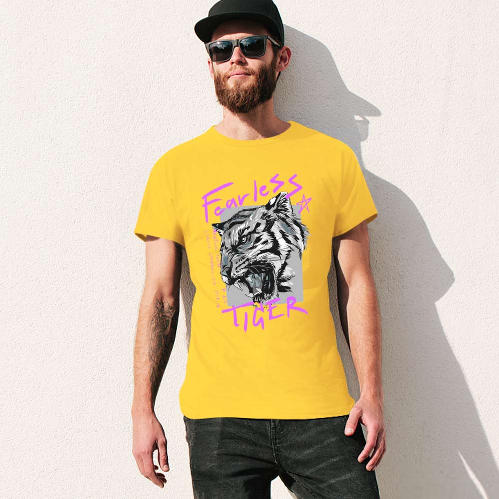 Yellow men's cotton Fearless Tiger graphic T-shirt, front and back print, collection.