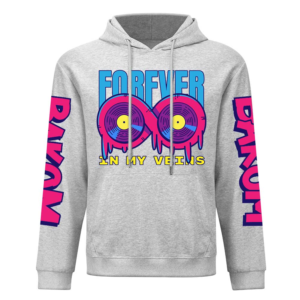 Gray cotton hoodie with 'FOREVER 99' donut graphic, DAKUM sleeve prints, youth fashion