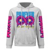 Gray cotton hoodie with 'FOREVER 99' donut graphic, DAKUM sleeve prints, youth fashion